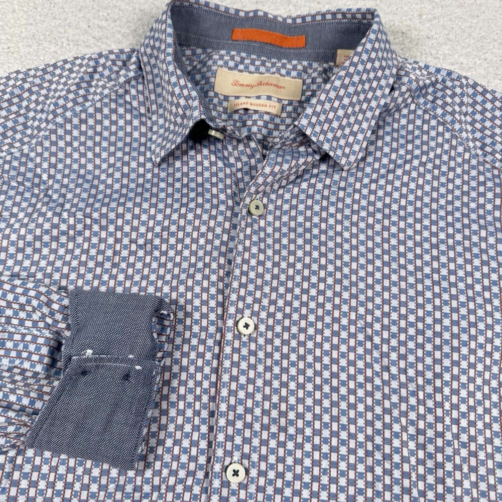 Tommy Bahama Shirt Mens M Island Modern Fit Geometric Checkered Flip Cuff Cotton